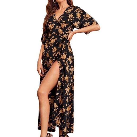 Black and Gold Wrap Maxi Dress Medium - Picture 4 of 5